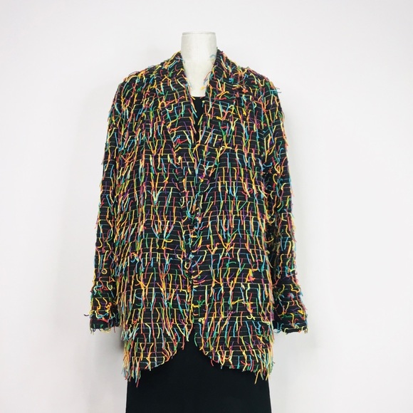 Car Pool Couture Funky Retro Black/Colorful Fringe Stripe Open-Front Blazer Larg - Picture 8 of 12
